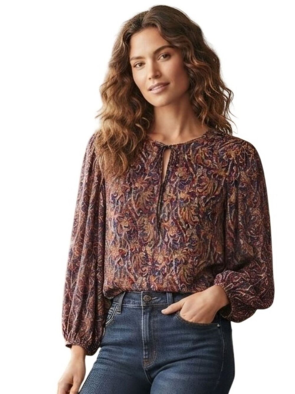 Lucky Brand Autumnal Print Bohemian Top Size M Flowy Loose Fit Comfort